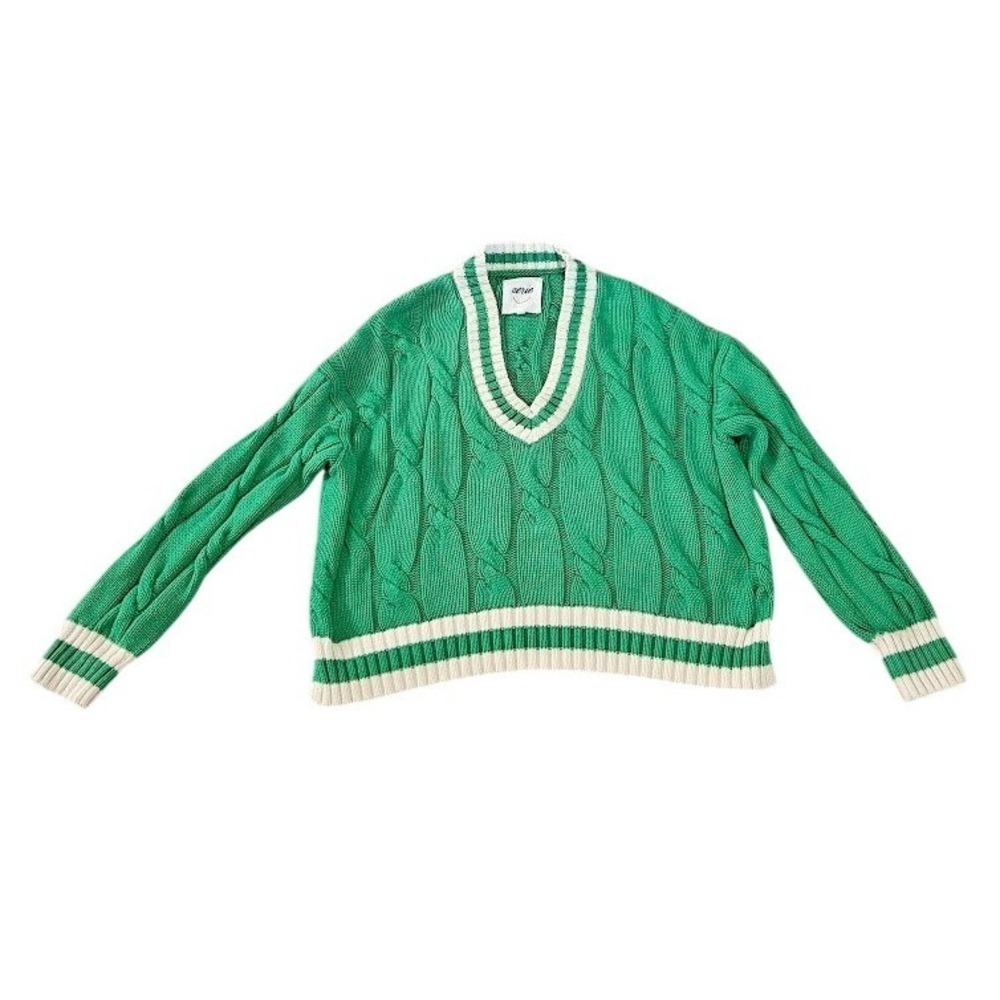 Aerie Green Cable Knit Varsity V-Neck Sweater Women Medium Cotton Preppy Striped